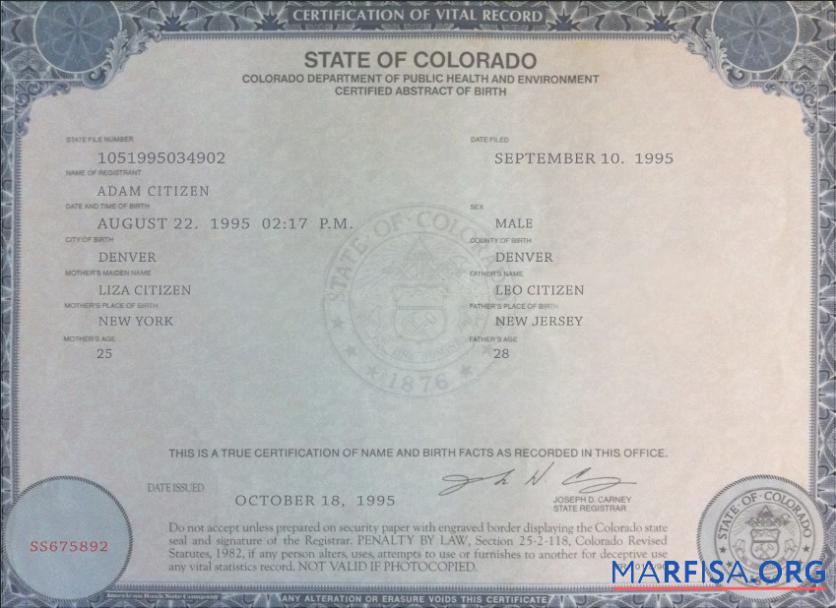Printable USA Colorado state birth certificate template in PSD format